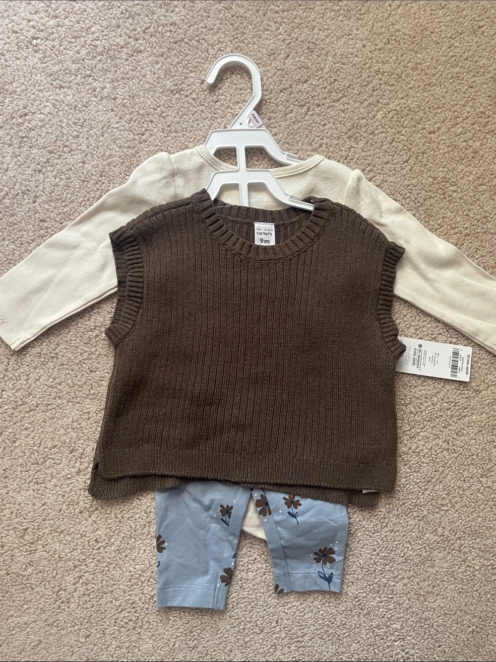Carter's Brown Knit Vest with Cream Top & Blue Floral Leggings